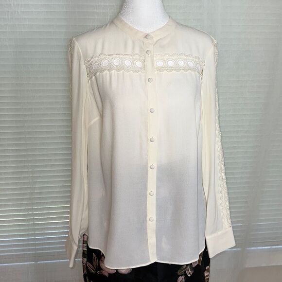 Boden 4P Ivory Yoke Collar Button Front Lace Eyelet Inset Long Sleeve Blouse - Picture 3 of 16
